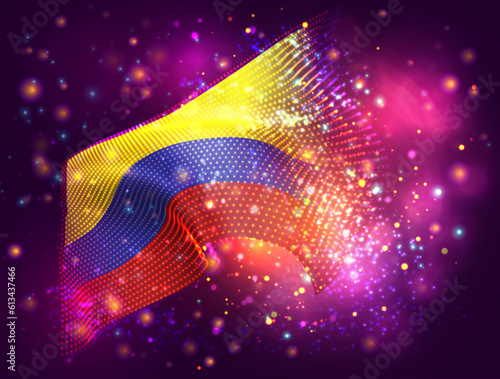 Colombia, vector 3d flag on pink purple background with lighting and flares