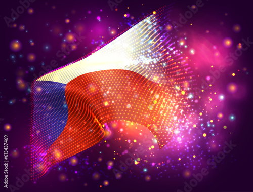 Czech Republic, vector 3d flag on pink purple background with lighting and flares