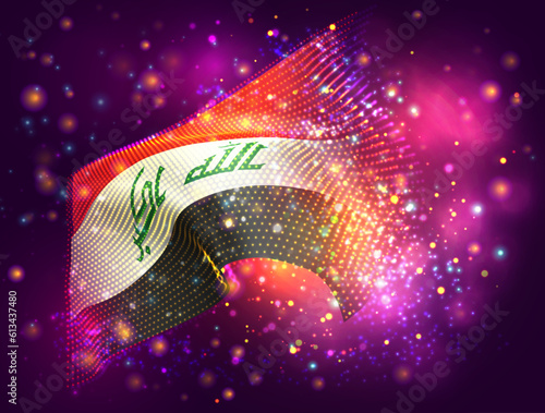 Iraq, vector 3d flag on pink purple background with lighting and flares