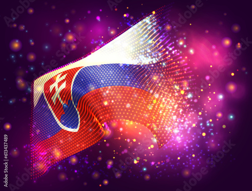 Slovakia, vector 3d flag on pink purple background with lighting and flares