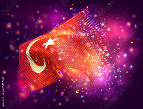 Turkey, vector 3d flag on pink purple background with lighting and flares