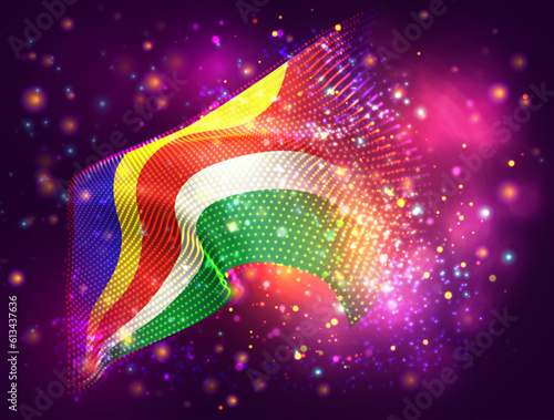 Seychelles, vector 3d flag on pink purple background with lighting and flares