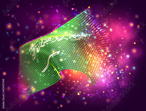 Saudi Arabia, vector 3d flag on pink purple background with lighting and flares