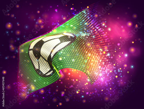 Football, on vector 3d flag on pink purple background with lighting and flares