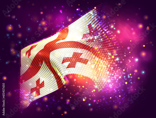 Georgia, vector 3d flag on pink purple background with lighting and flares