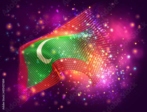 Maldives, vector 3d flag on pink purple background with lighting and flares