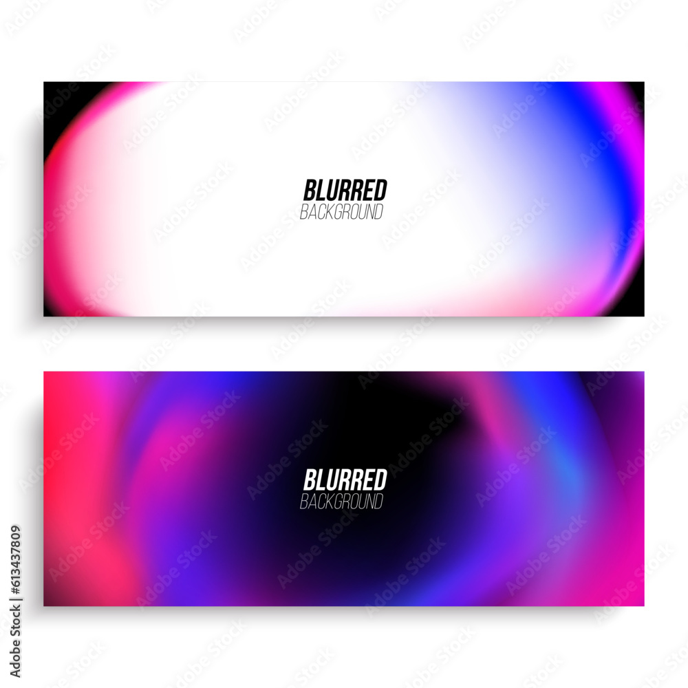 Set of abstract backgrounds with blurred bubbles on black for creative graphic design. Horizontal banners. Blue, red and pink gradients. Vector illustration.