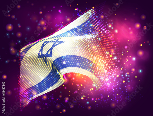 Israel, vector 3d flag on pink purple background with lighting and flares