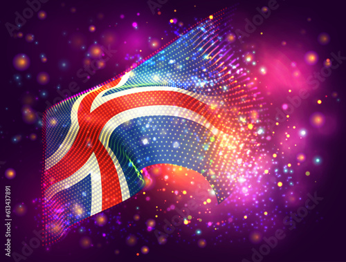 Iceland, vector 3d flag on pink purple background with lighting and flares