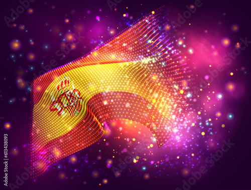 Spain, vector 3d flag on pink purple background with lighting and flares