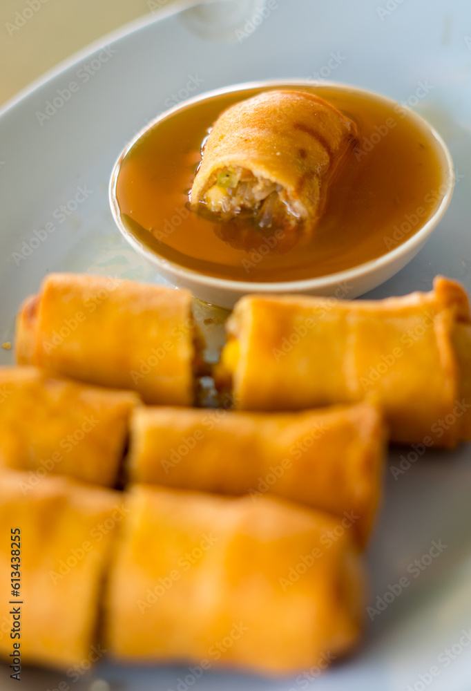 Fried Chinese Traditional Spring rolls food in ceramic plate (beautiful shape) on white background Fried Chinese Traditional Spring rolls food in ceramic plate (beautiful shape) on white background