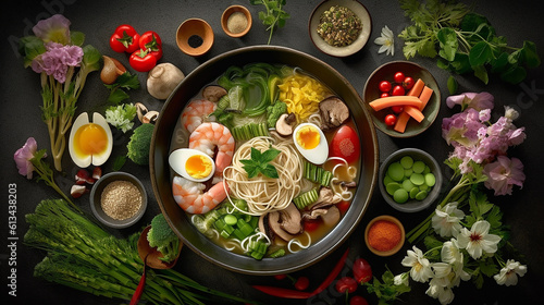 Fototapeta Naklejka Na Ścianę i Meble -  Generative AI image of Ramen: A soul-satisfying Japanese masterpiece, featuring a bowl of steaming broth infused with umami flavors, adorned with springy noodles, slices of meat, and bamboo shoots