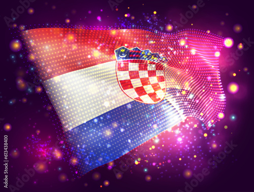 Croatia, vector 3d flag on pink purple background with lighting and flares