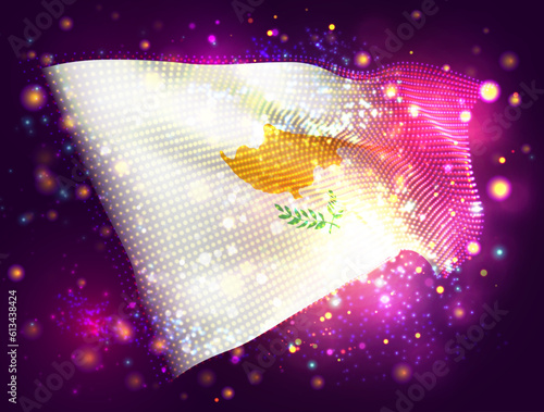 Cyprus, vector 3d flag on pink purple background with lighting and flares