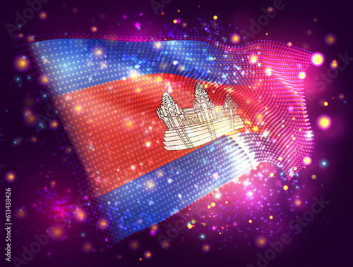 Cambodia, vector 3d flag on pink purple background with lighting and flares