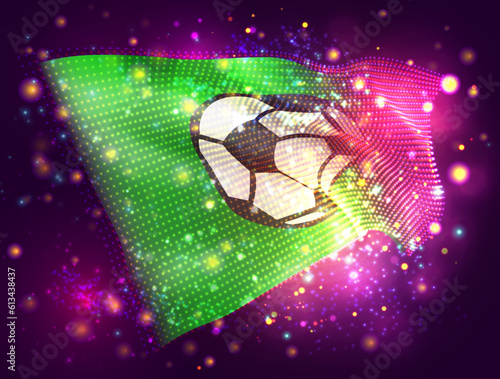 Football, on vector 3d flag on pink purple background with lighting and flares