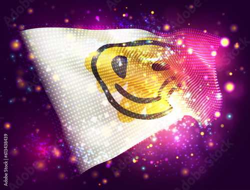 Smile, on vector 3d flag on pink purple background with lighting and flares