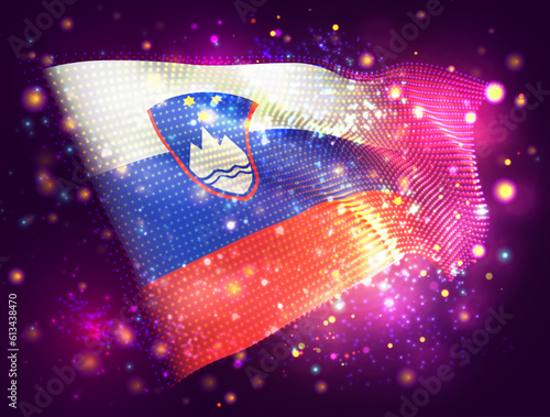 Slovenia, vector 3d flag on pink purple background with lighting and flares