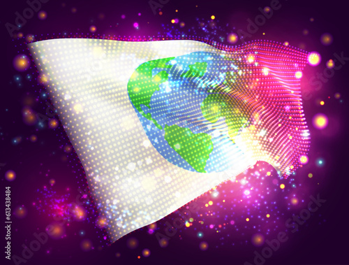 World map, on vector 3d flag on pink purple background with lighting and flares