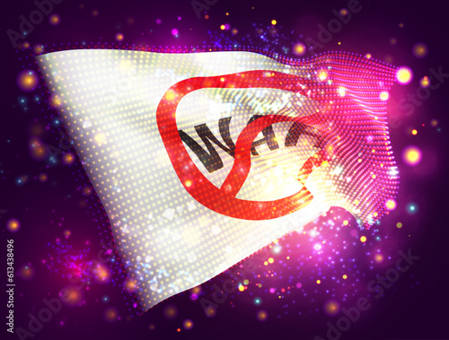 Stop war, on vector 3d flag on pink purple background with lighting and flares