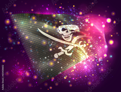 Pirate, on vector 3d flag on pink purple background with lighting and flares