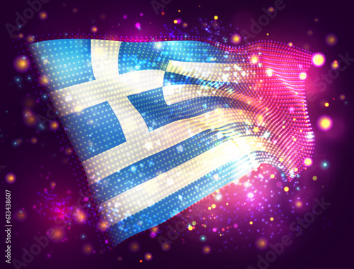 Greece, vector 3d flag on pink purple background with lighting and flares