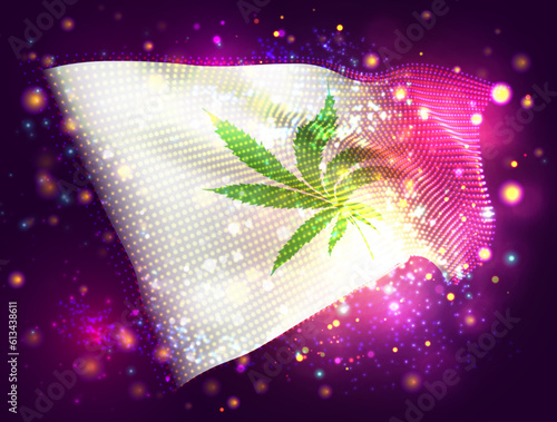 Сannabis, on vector 3d flag on pink purple background with lighting and flares