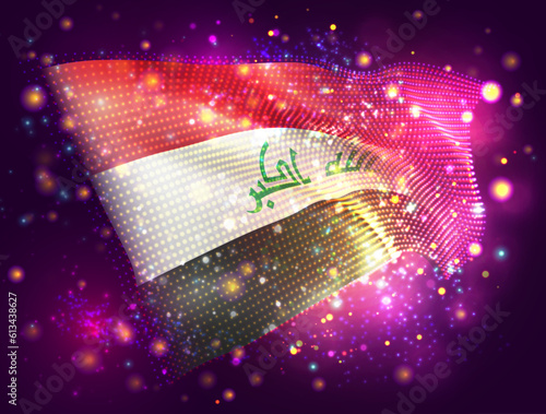 Iraq, vector 3d flag on pink purple background with lighting and flares