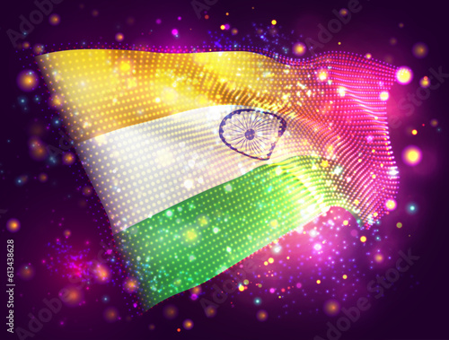 India, vector 3d flag on pink purple background with lighting and flares
