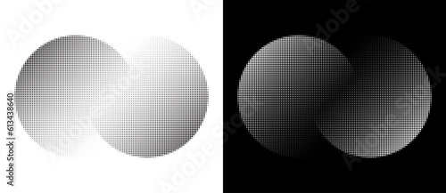 Two circles with transition or unity. Halftone dotted abstract background. Black shape on a white background and the same white shape on the black side.