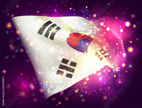Korea, vector 3d flag on pink purple background with lighting and flares