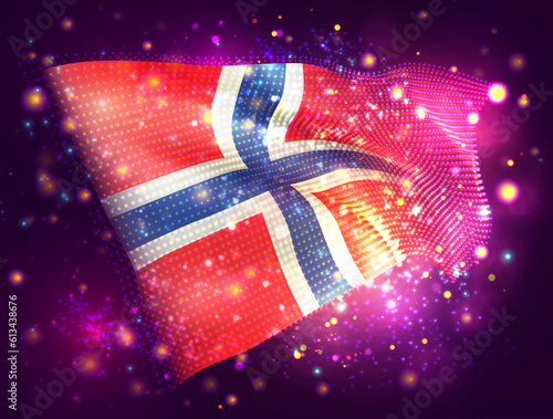 Norway, vector 3d flag on pink purple background with lighting and flares