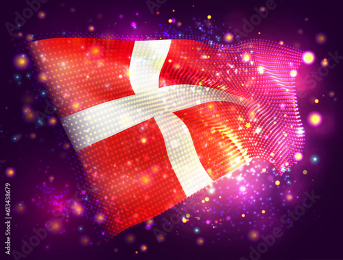 Denmark, vector 3d flag on pink purple background with lighting and flares