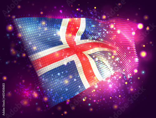 Iceland, vector 3d flag on pink purple background with lighting and flares