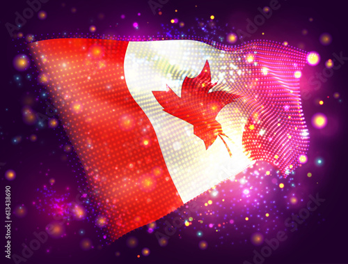 Canada, vector 3d flag on pink purple background with lighting and flares