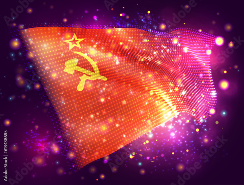 USSR, vector 3d flag on pink purple background with lighting and flares