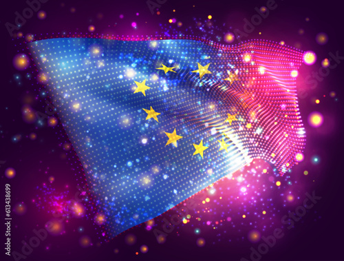 European Union, vector 3d flag on pink purple background with lighting and flares