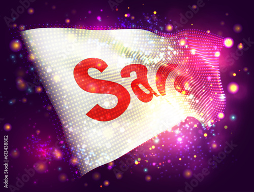 Discount, on vector 3d flag on pink purple background with lighting and flares