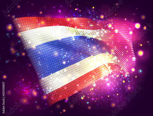 Thailand, vector 3d flag on pink purple background with lighting and flares