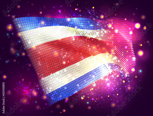 Costa Rica, vector 3d flag on pink purple background with lighting and flares