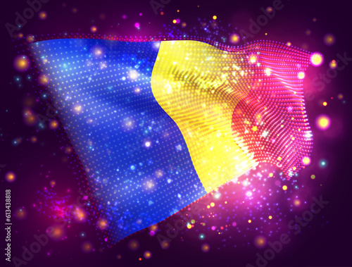 Romania, vector 3d flag on pink purple background with lighting and flares