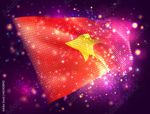 Vietnam, vector 3d flag on pink purple background with lighting and flares