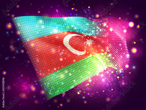 Azerbaijan, vector 3d flag on pink purple background with lighting and flares
