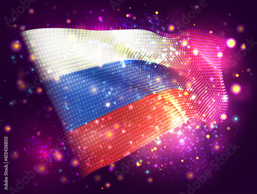 Russia, vector 3d flag on pink purple background with lighting and flares