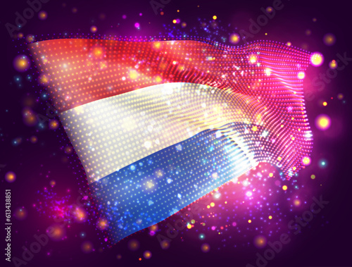 Netherlands, vector 3d flag on pink purple background with lighting and flares