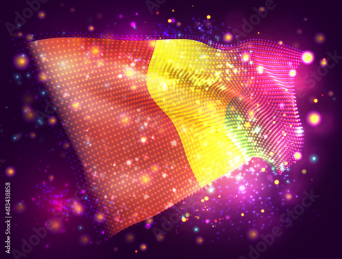 Guinea, vector 3d flag on pink purple background with lighting and flares