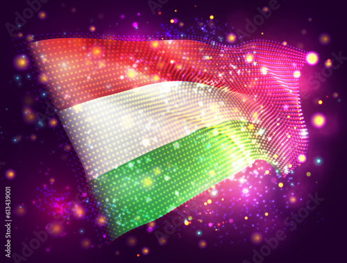Hungary, vector 3d flag on pink purple background with lighting and flares