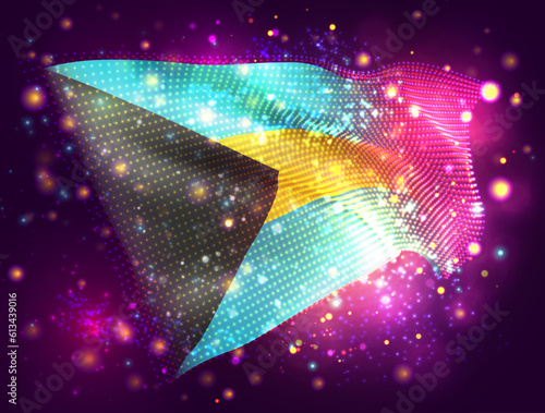 Bahamas, vector 3d flag on pink purple background with lighting and flares