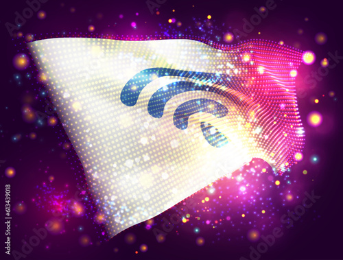 Wi-Fi, on vector 3d flag on pink purple background with lighting and flares
