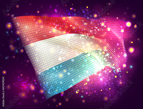 Luxembourg, vector 3d flag on pink purple background with lighting and flares